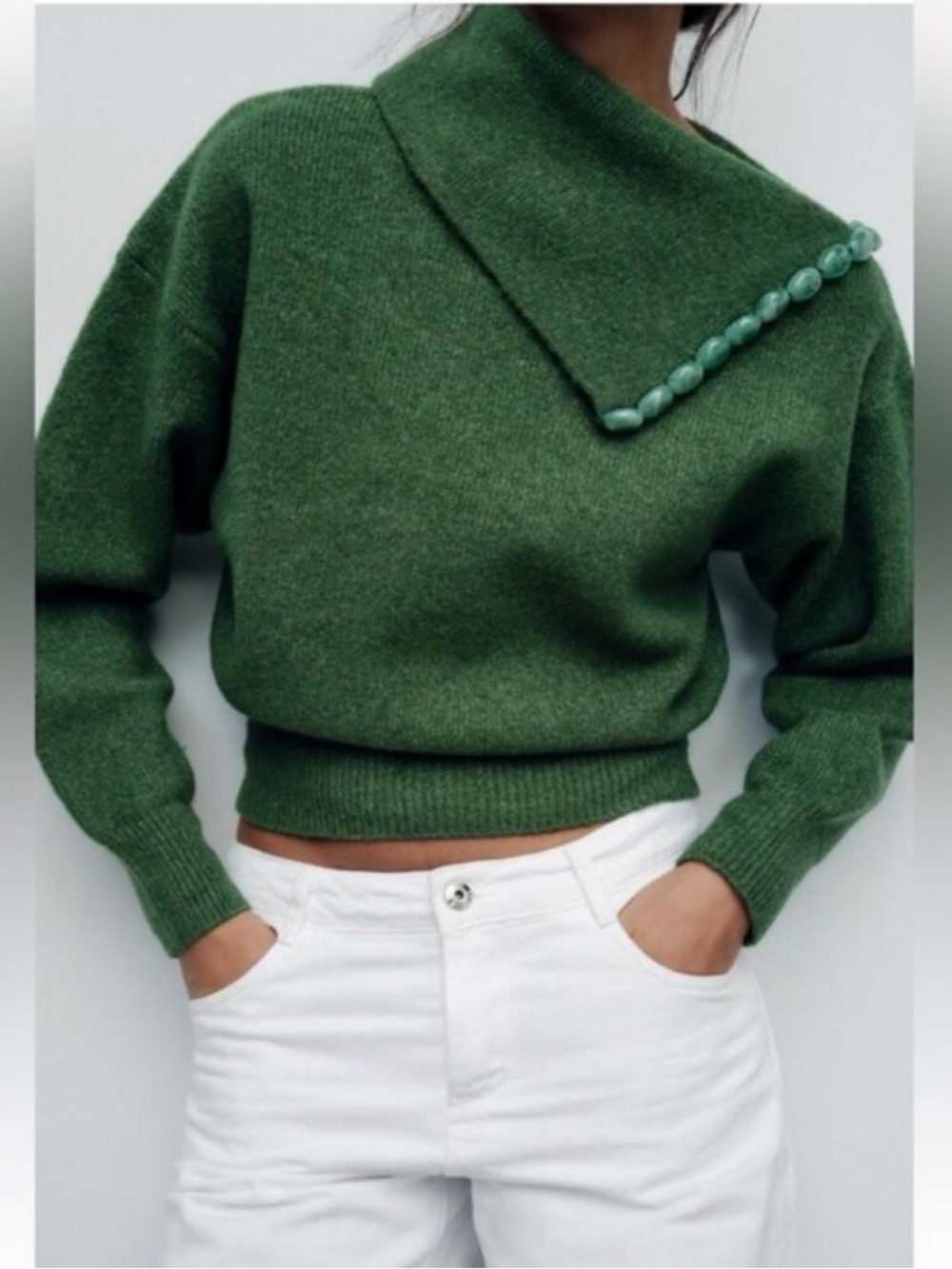 Zara Green Asymmetric Collar Sweater NWT